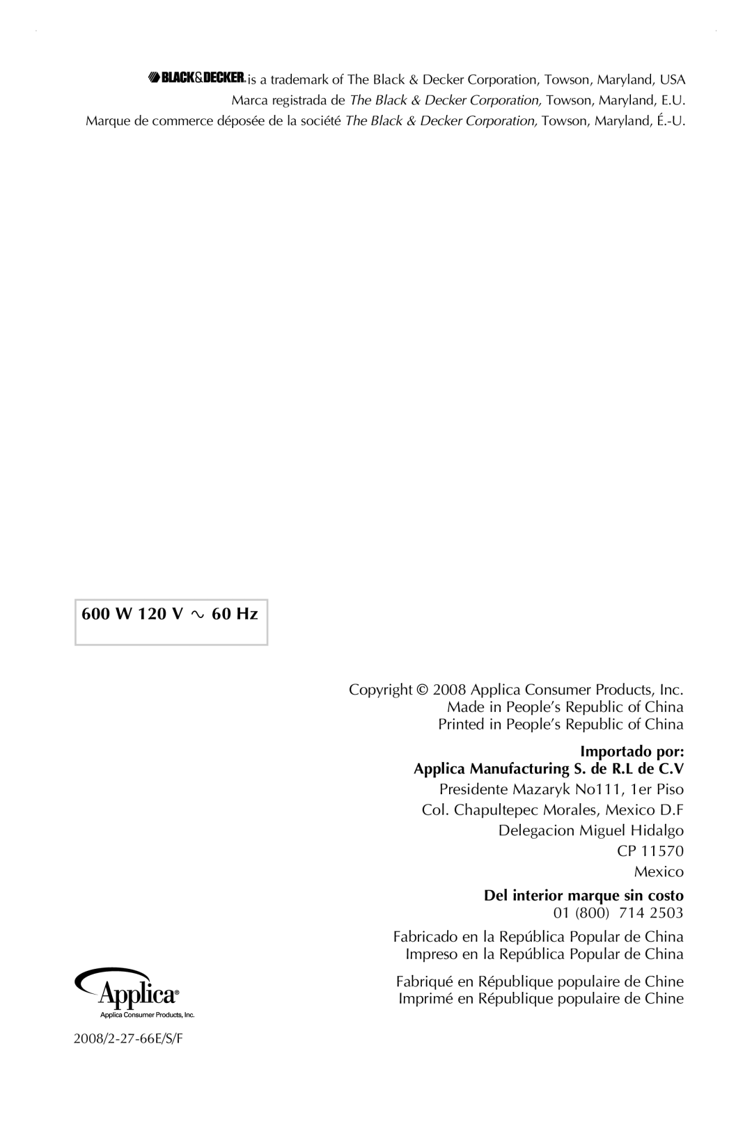 Black & Decker FP2620S manual 600 W 120 V 60 Hz, Importado por Applica Manufacturing S. de R.L de C.V 