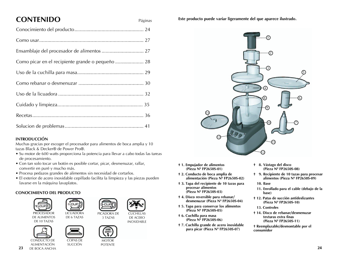 Black & Decker FP2650S manual Contenido, Introducción, Conocimiento DEL Producto 