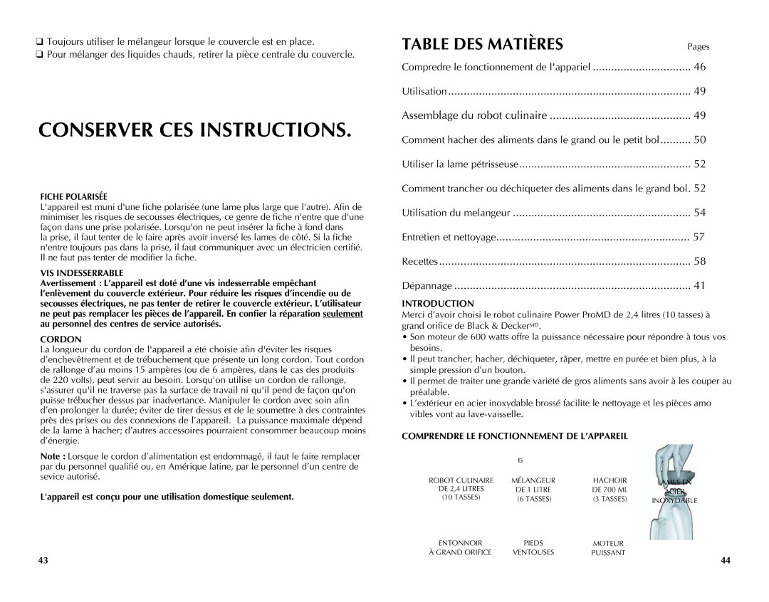 Black & Decker FP2650S manual Table DES Matières, Fiche polarisée, VIS Indesserrable, Cordon 
