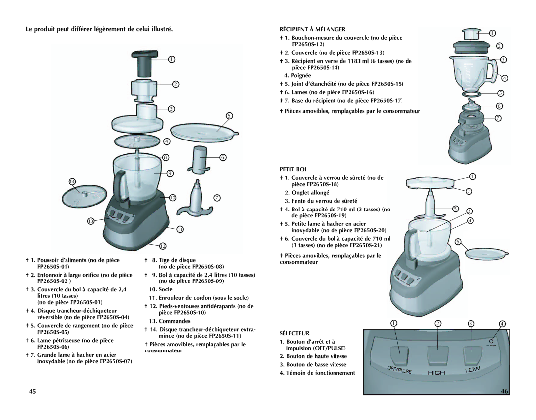 Black & Decker FP2650S manual Le produit peut différer légèrement de celui illustré, Récipient À Mélanger 
