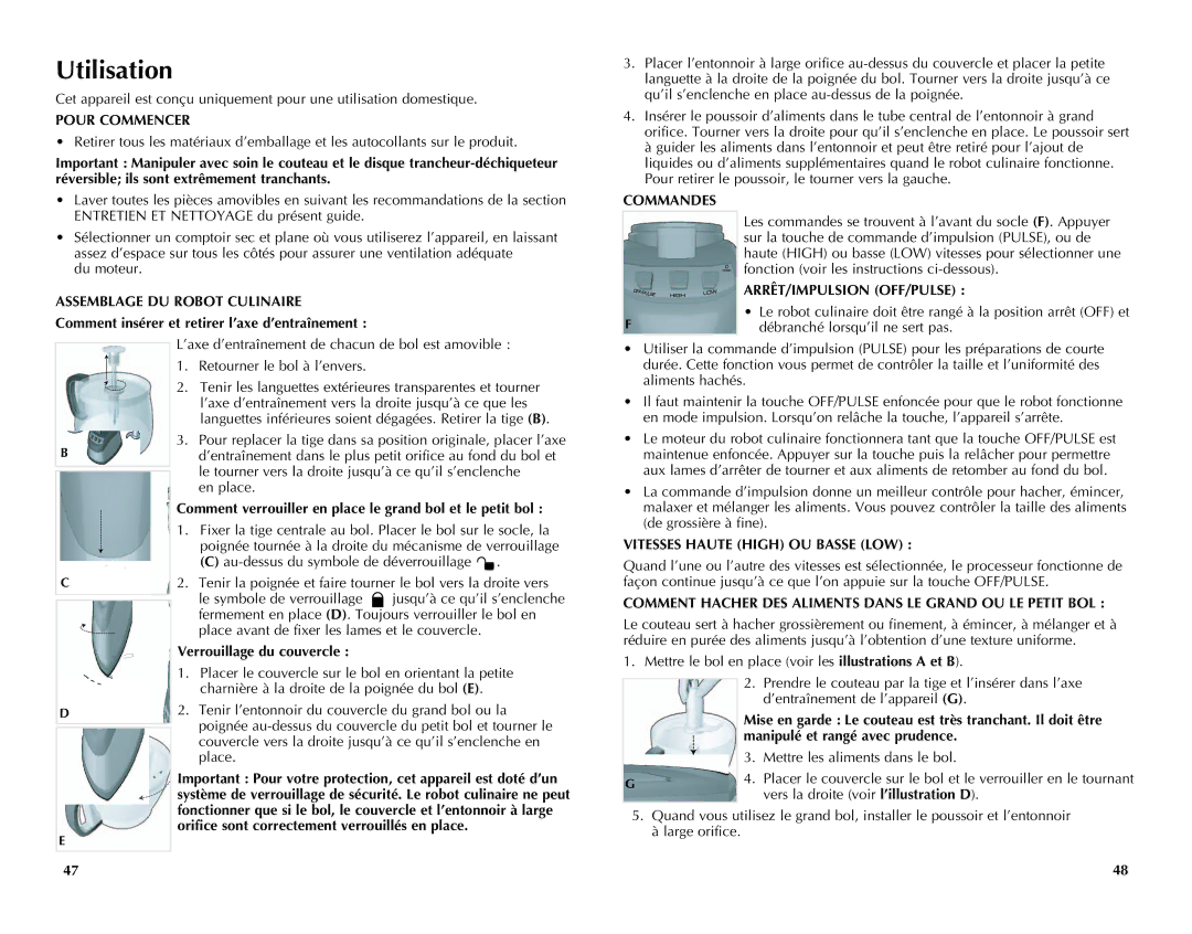 Black & Decker FP2650S manual Utilisation, Pour Commencer, Assemblage DU Robot Culinaire, Commandes 