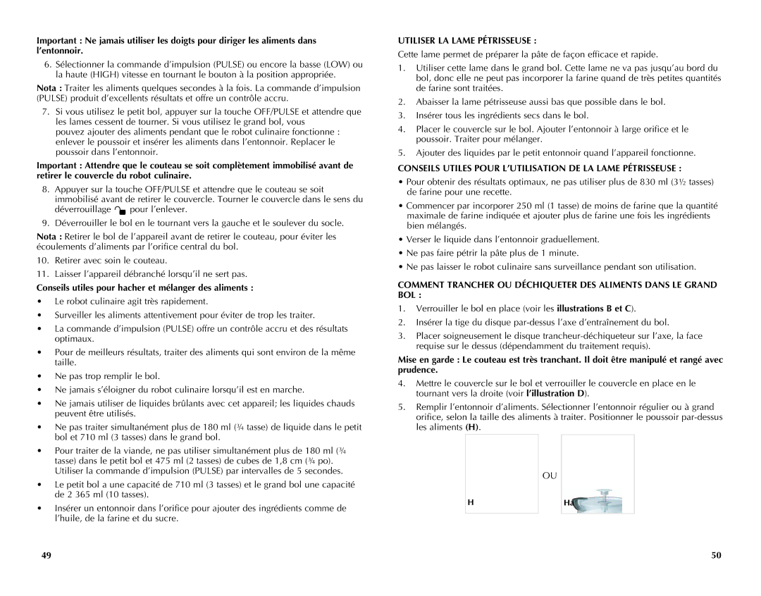 Black & Decker FP2650S manual Conseils utiles pour hacher et mélanger des aliments, Utiliser LA Lame Pétrisseuse 