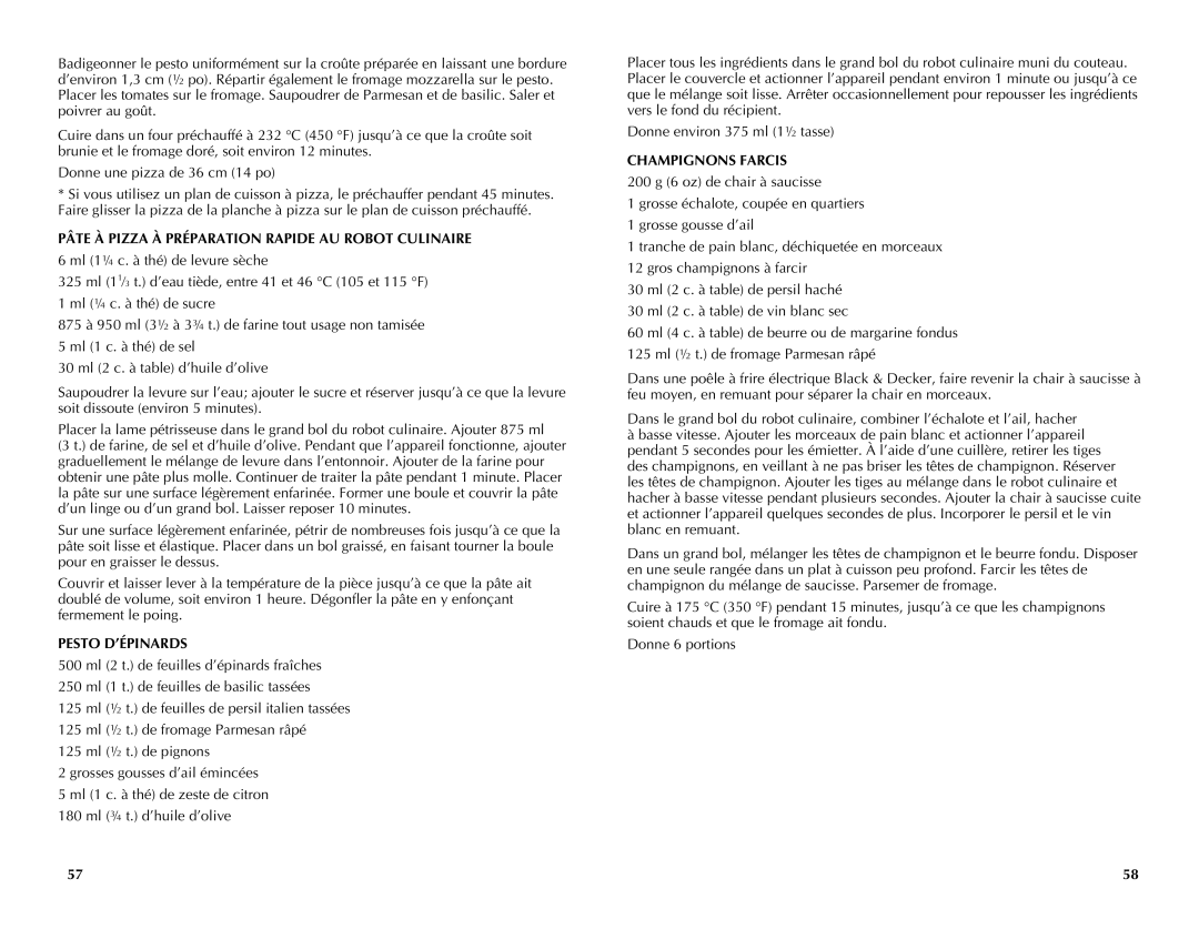 Black & Decker FP2650S manual Pâte À Pizza À Préparation Rapide AU Robot Culinaire, Pesto D’ÉPINARDS, Champignons Farcis 