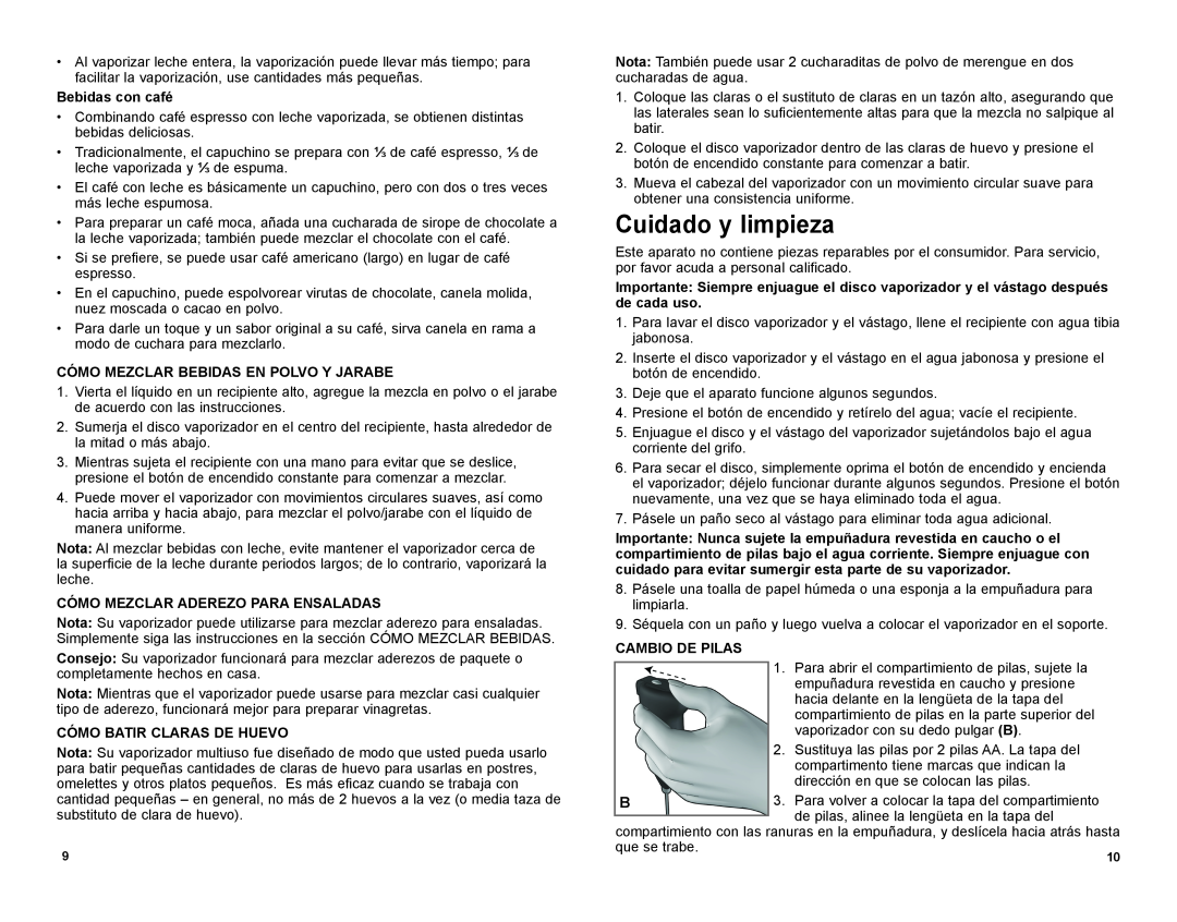 Black & Decker FR220 manual Cuidado y limpieza, Bebidas con café, Cómo Mezclar Bebidas En Polvo Y Jarabe, Cambio De Pilas 