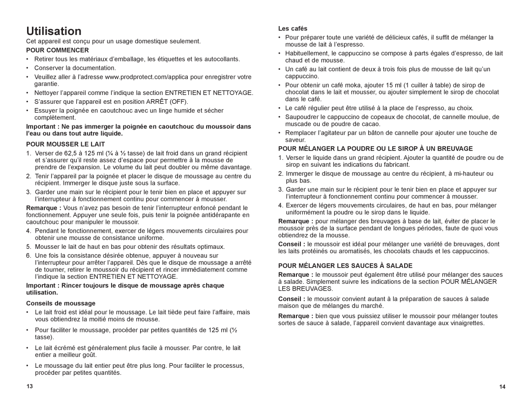 Black & Decker FR220 manual Utilisation, Pour Commencer, Pour Mousser Le Lait, Conseils de moussage, Les cafés 