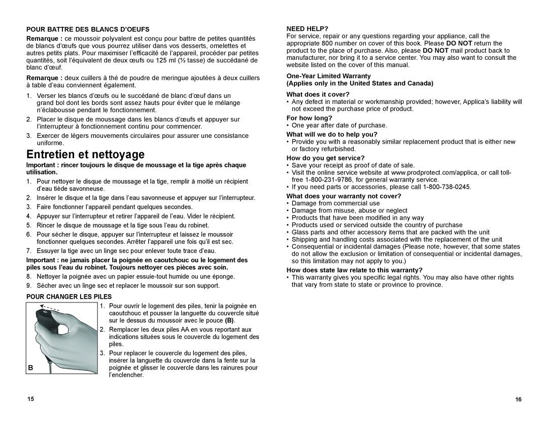 Black & Decker FR220 manual Entretien et nettoyage, Pour Battre Des Blancs D’Oeufs, Pour Changer Les Piles, Need Help? 