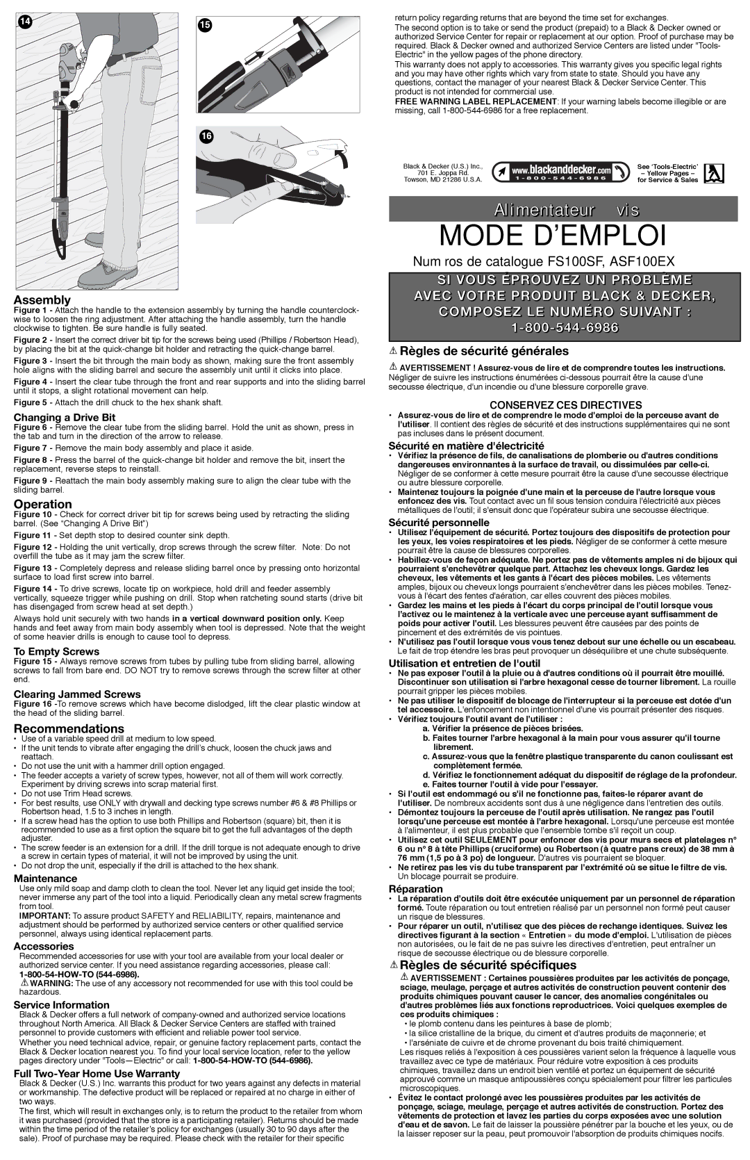 Black & Decker ASF100EX Assembly, Operation, Recommendations, Règles de sécurité générales, Règles de sécurité spécifiques 