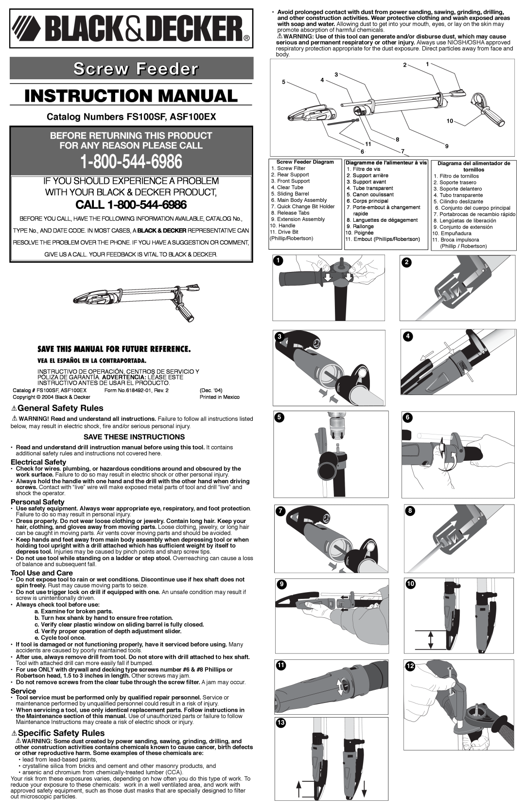 Black & Decker 618492-01 instruction manual General Safety Rules, Specific Safety Rules, Screw Feeder, Instruction Manual 