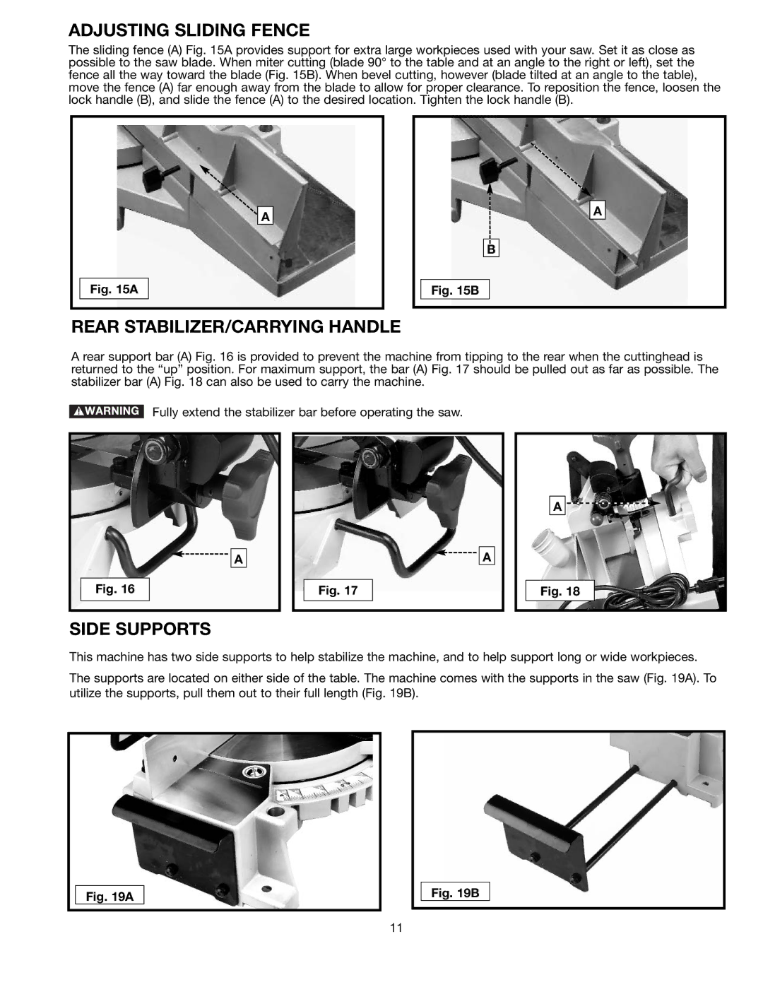 Black & Decker FS110L instruction manual Adjusting Sliding Fence, Rear STABILIZER/CARRYING Handle, Side Supports 