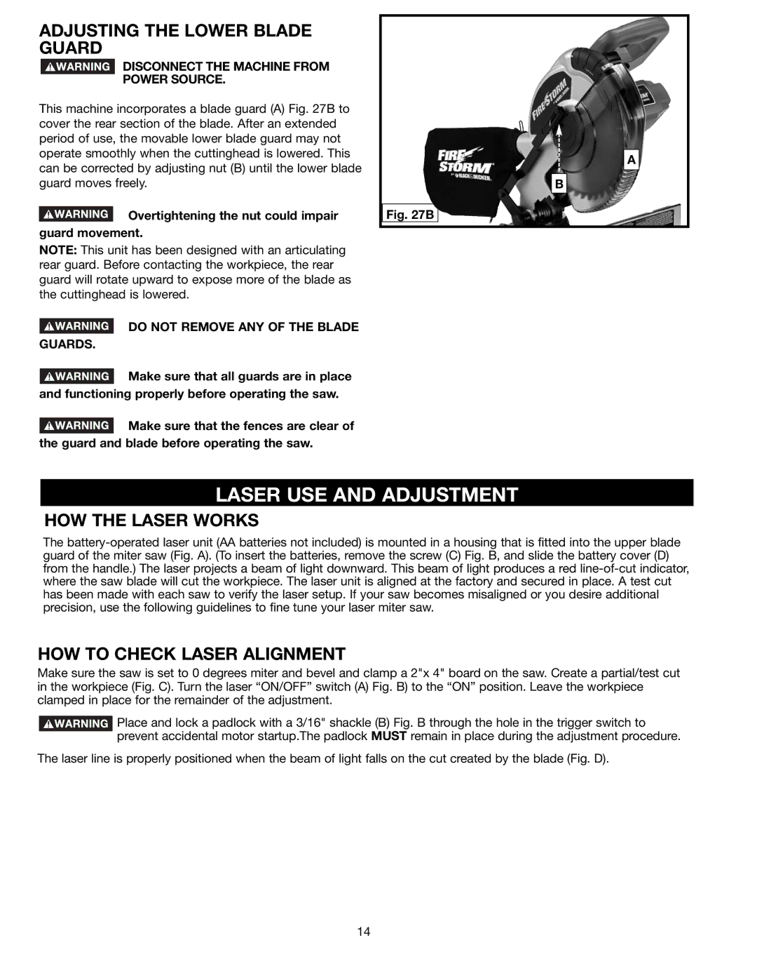 Black & Decker FS110L instruction manual Laser USE and Adjustment, Adjusting the Lower Blade Guard, HOW the Laser Works 