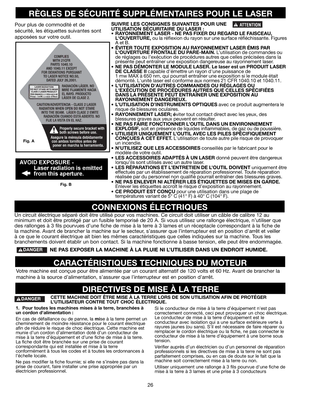 Black & Decker FS110L instruction manual Règles DE Sécurité Supplémentaires Pour LE Laser, Connexions Électriques 