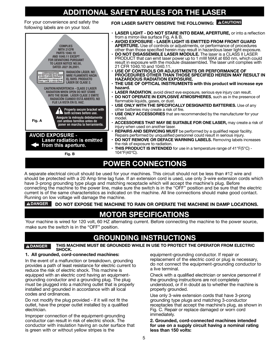 Black & Decker FS110L instruction manual Additional Safety Rules for the Laser, Power Connections, Motor Specifications 