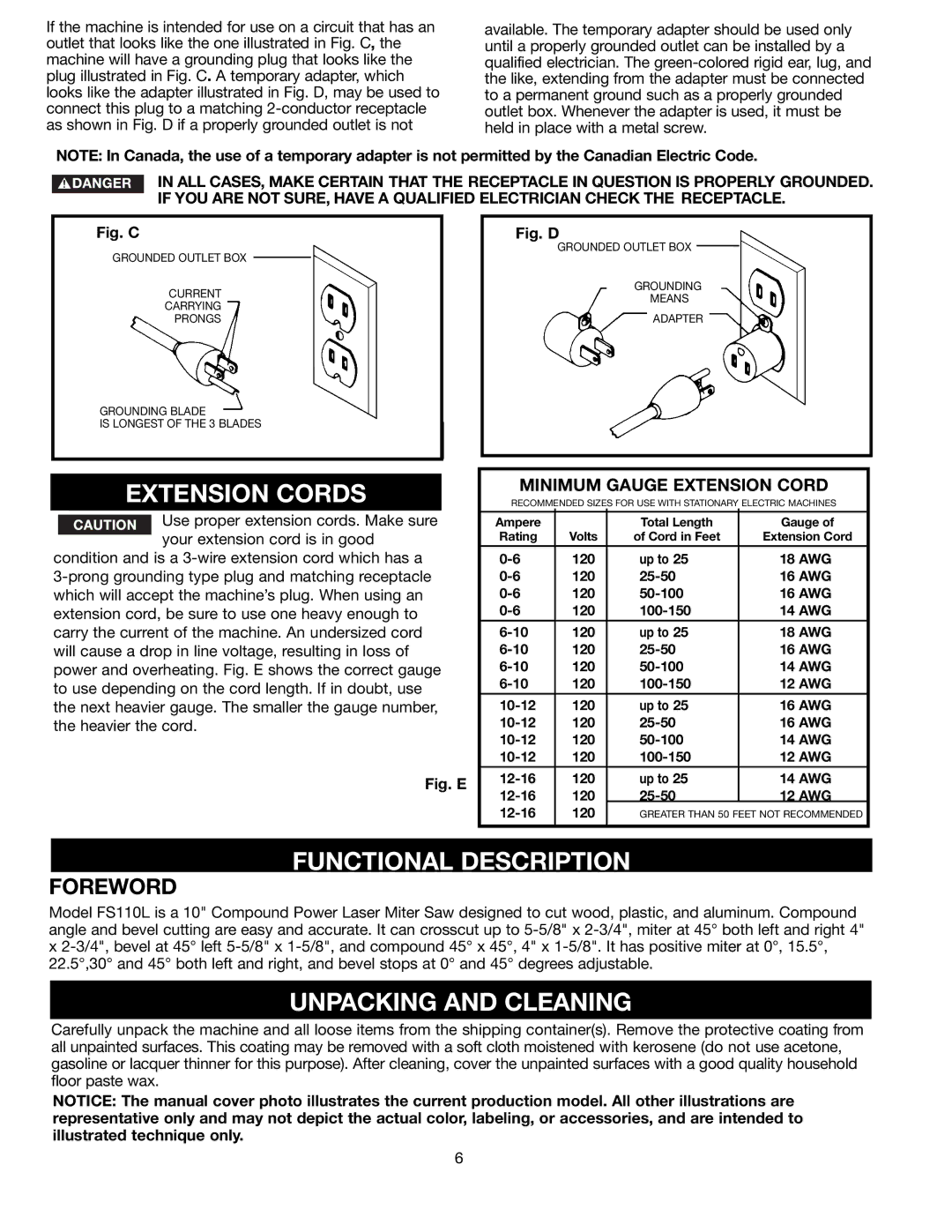 Black & Decker FS110L instruction manual Extension Cords, Functional Description, Unpacking and Cleaning, Foreword 