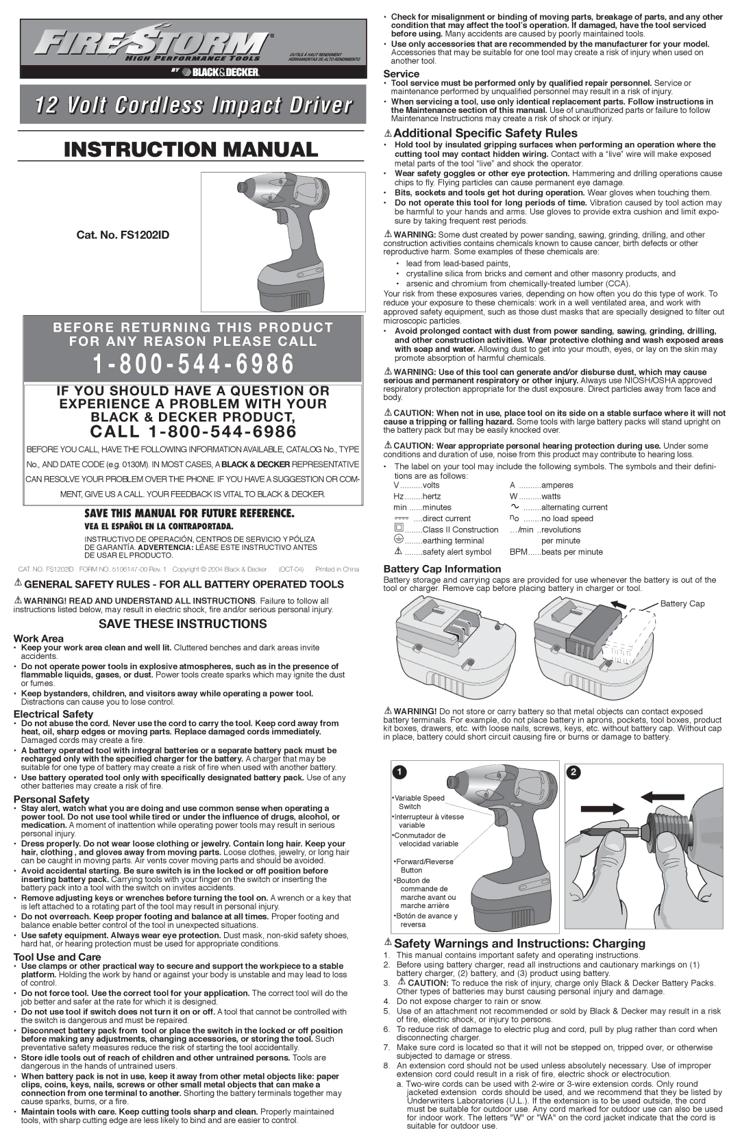 Black & Decker FS1202ID instruction manual Additional Specific Safety Rules, Safety Warnings and Instructions Charging 