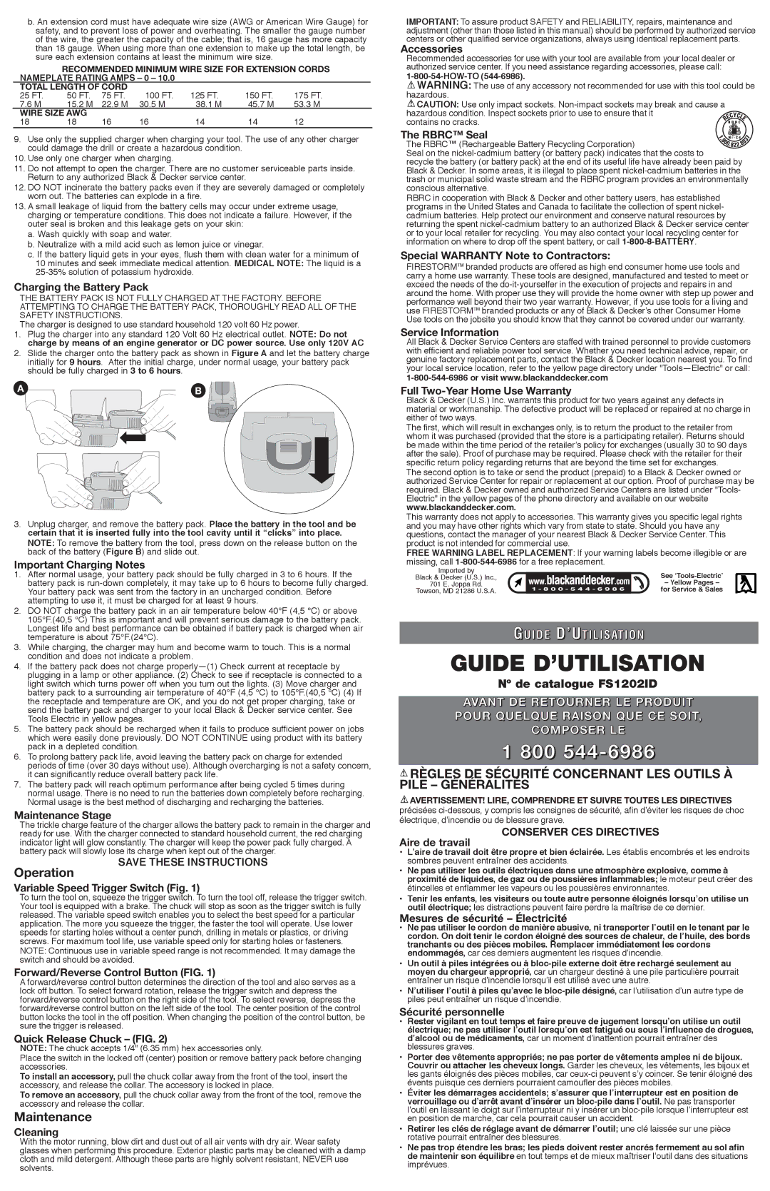 Black & Decker FS1202ID instruction manual Guide D’UTILISATION, Operation, Maintenance, Conserver CES Directives 