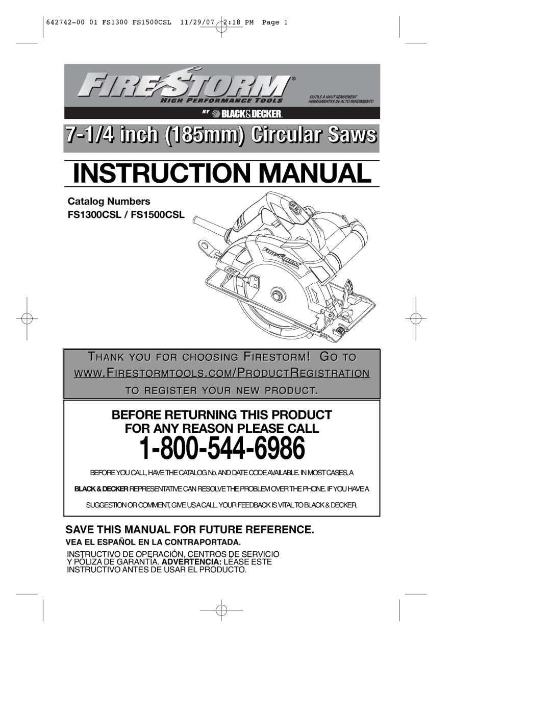 Black & Decker FS1300CSL instruction manual inch 185mm Circular Saws, VEA EL Español EN LA Contraportada 