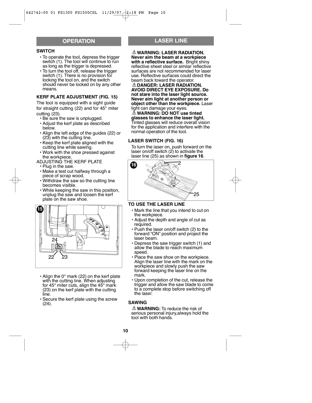 Black & Decker FS1300CSL instruction manual Operation 