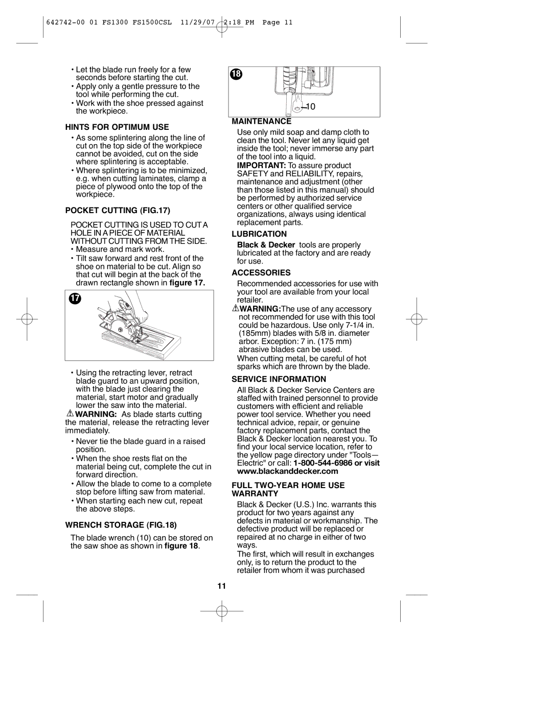 Black & Decker FS1300CSL Hints for Optimum USE, Pocket Cutting, Wrench Storage, Maintenance, Lubrication, Accessories 