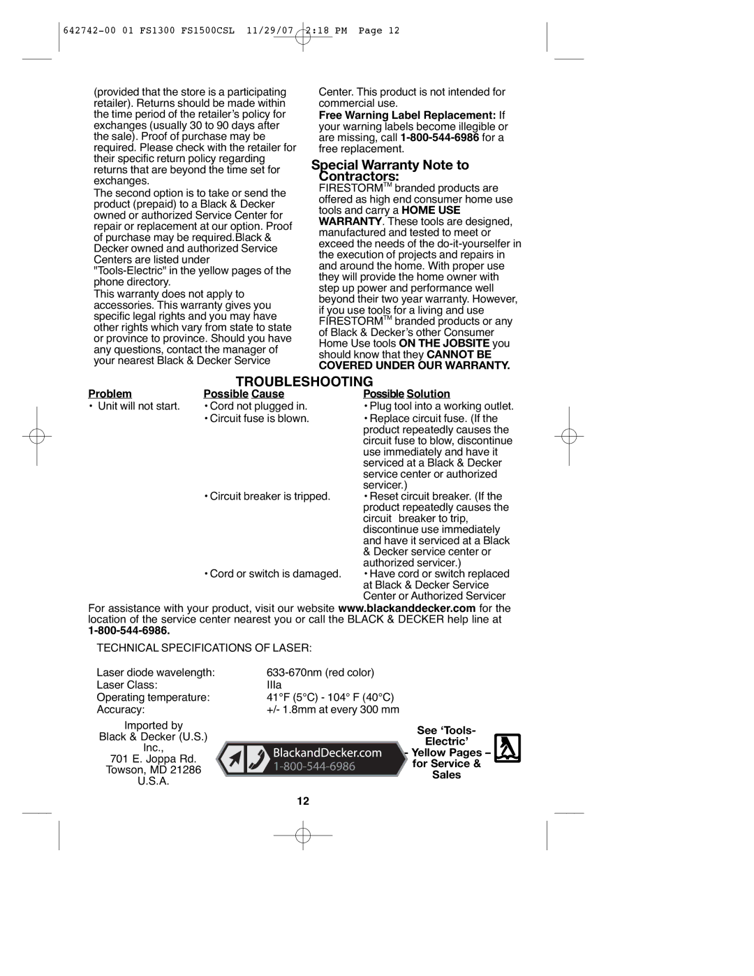 Black & Decker FS1300CSL instruction manual Technical Specifications of Laser 