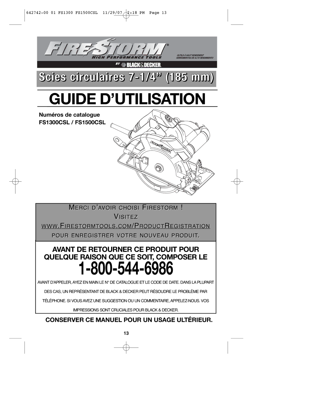 Black & Decker FS1300CSL instruction manual Guide D’UTILISATION 