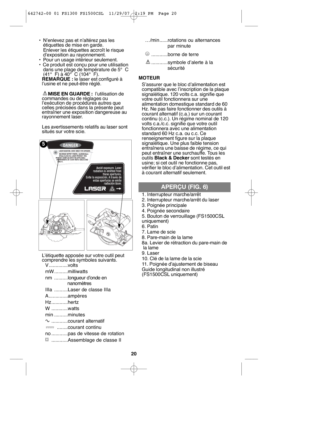 Black & Decker FS1300CSL instruction manual Aperçu FIG, Moteur 