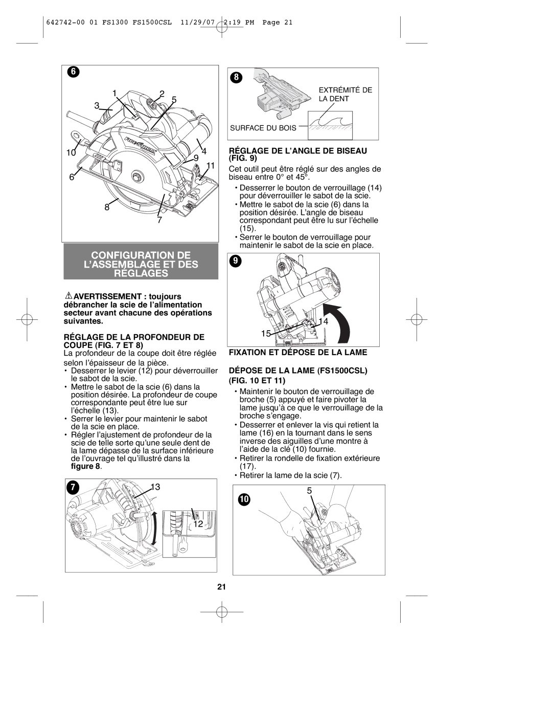 Black & Decker FS1300CSL Configuration DE ’ASSEMBLAGE ET DES Réglages, Réglage DE LA Profondeur DE Coupe ET 