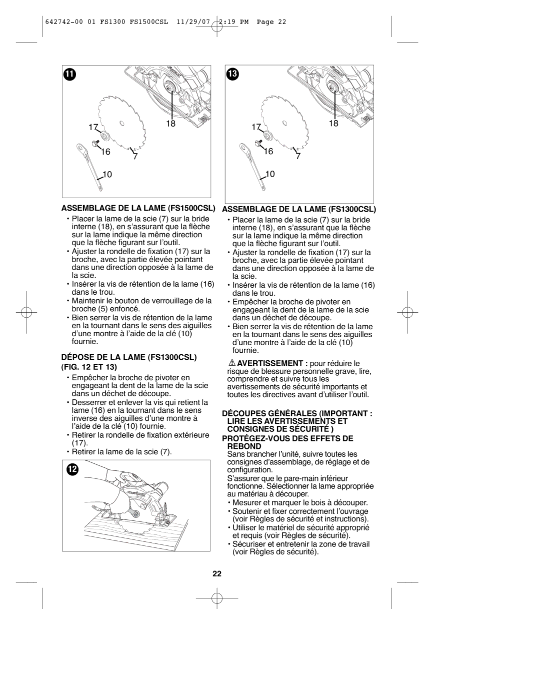 Black & Decker instruction manual Dépose DE LA Lame FS1300CSL ET 