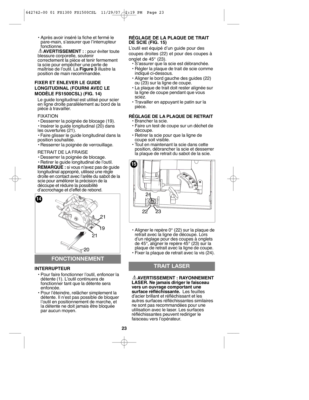 Black & Decker FS1300CSL Fonctionnement, Trait Laser, Interrupteur, Réglage DE LA Plaque DE Trait DE Scie FIG 