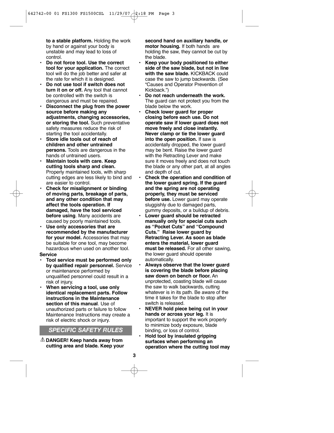 Black & Decker FS1300CSL instruction manual Specific Safety Rules 