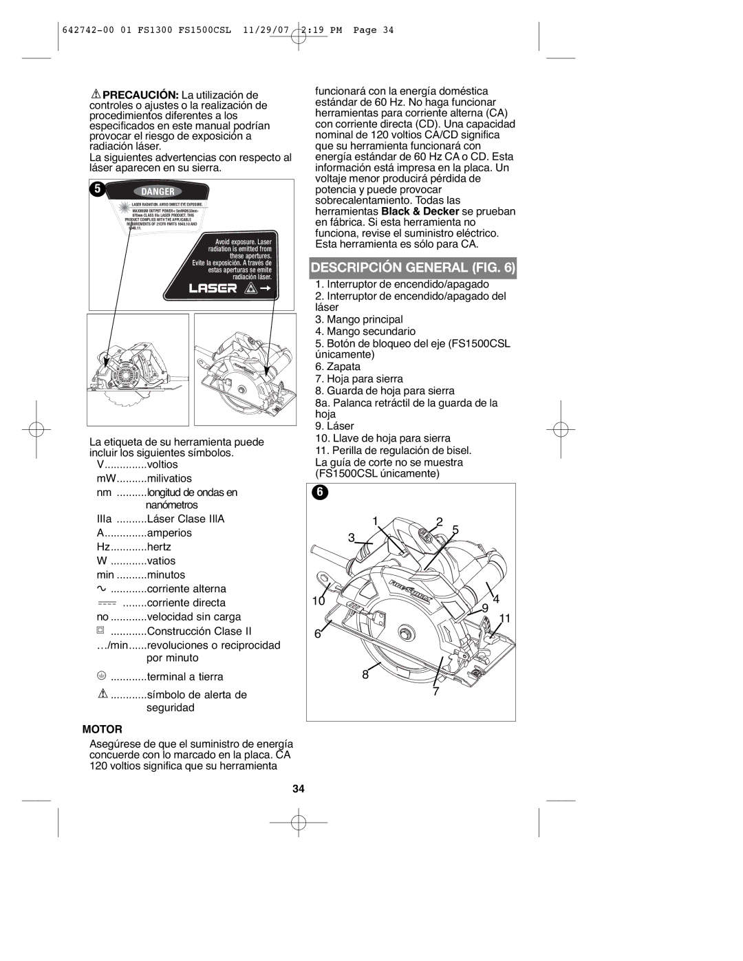 Black & Decker FS1300CSL instruction manual Descripción General FIG 