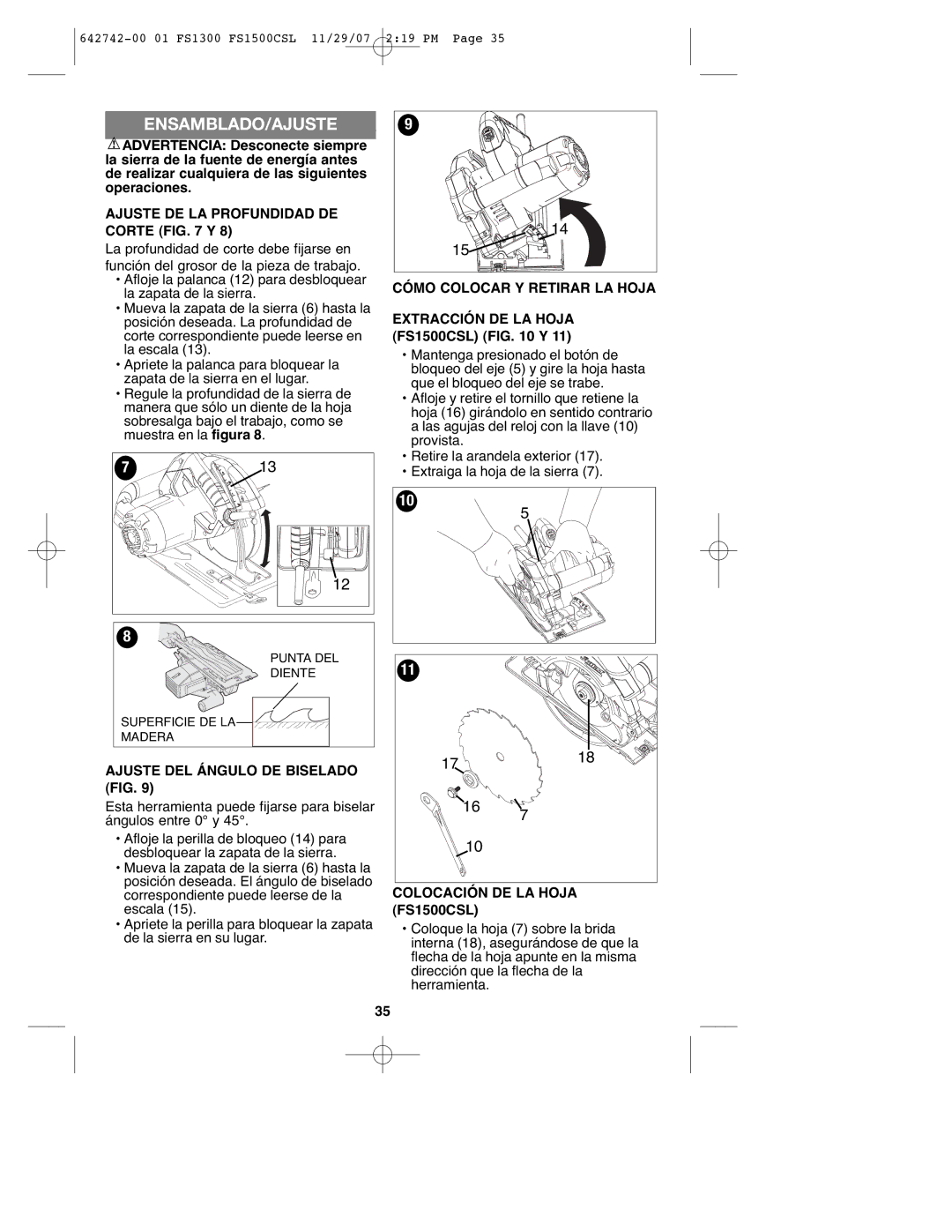 Black & Decker FS1300CSL Ensamblado/Ajuste, Ajuste DE LA Profundidad DE Corte Y, Ajuste DEL Ángulo DE Biselado FIG 