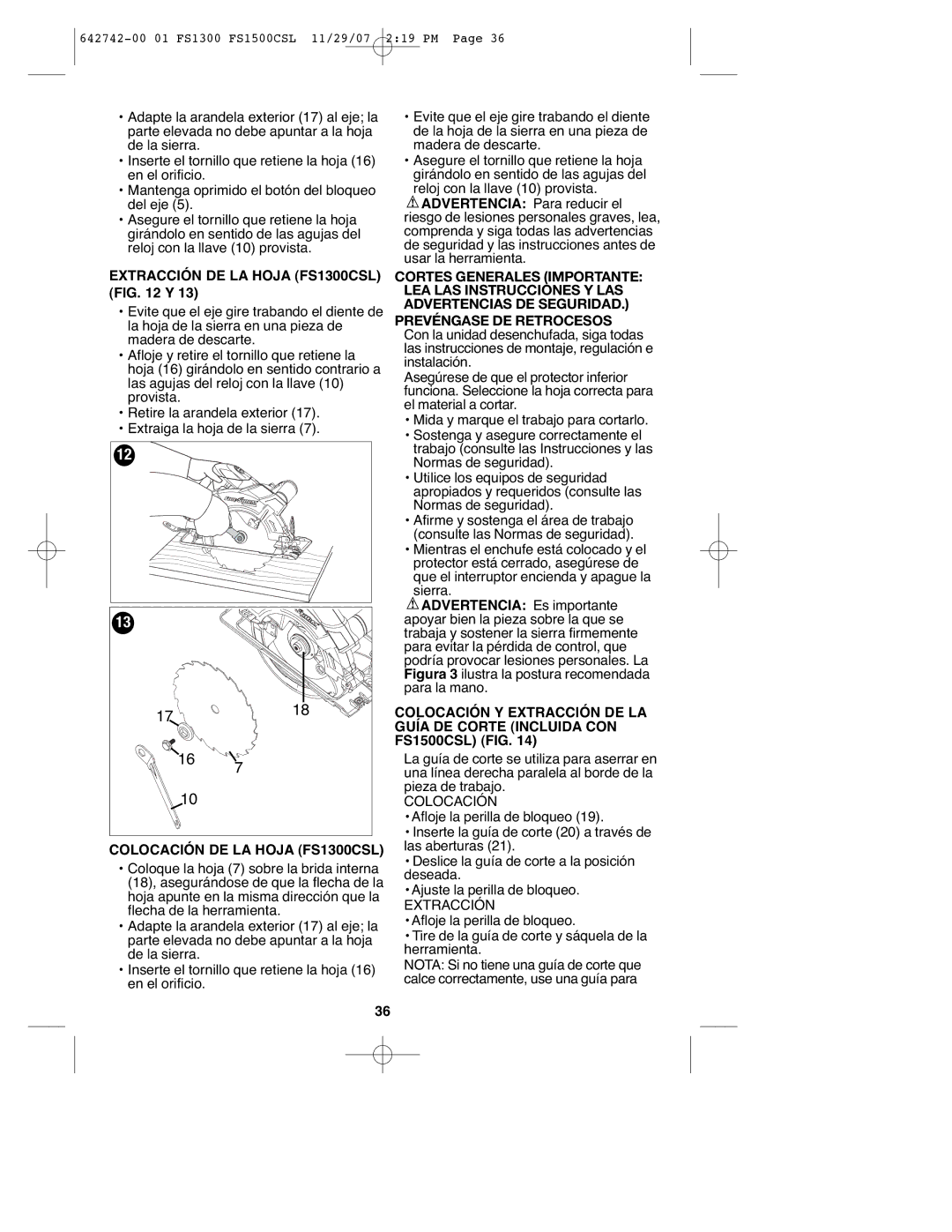 Black & Decker instruction manual Extracción DE LA Hoja FS1300CSL Y, Colocación DE LA Hoja FS1300CSL 