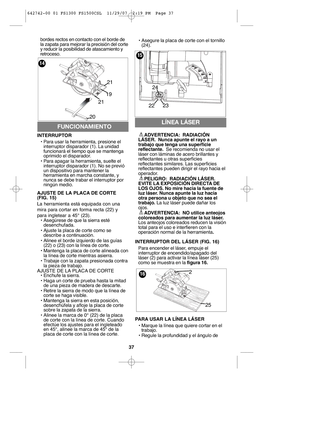 Black & Decker FS1300CSL instruction manual Funcionamiento, Línea Láser 