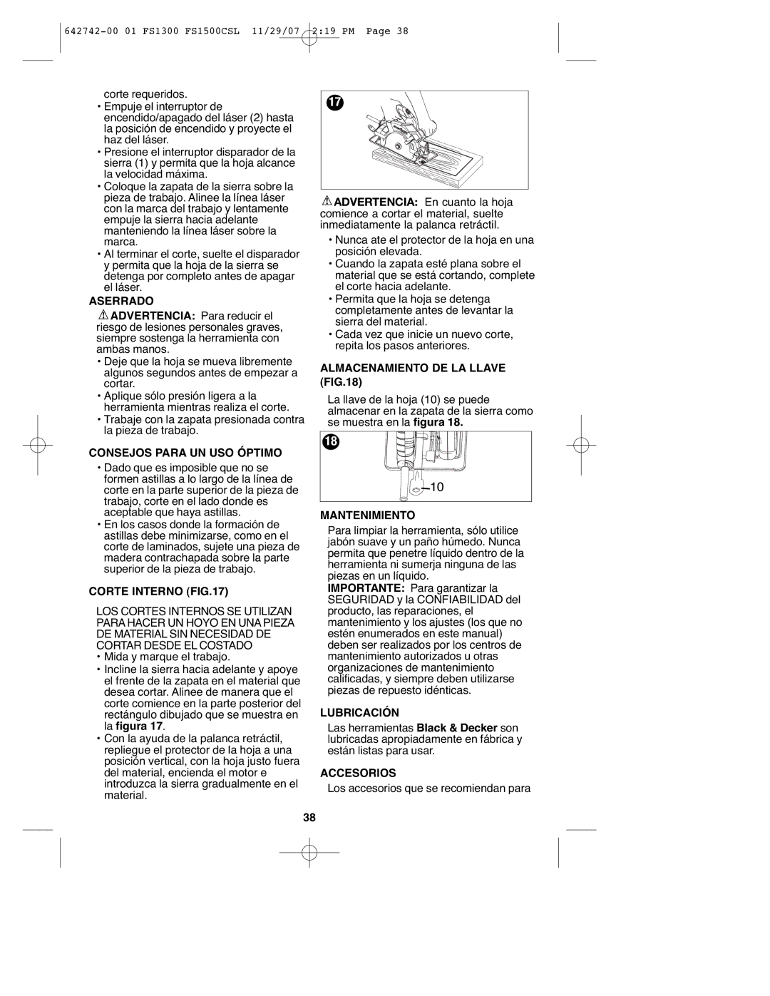 Black & Decker FS1300CSL Aserrado, Consejos Para UN USO Óptimo, Corte Interno, Almacenamiento DE LA Llave, Lubricación 