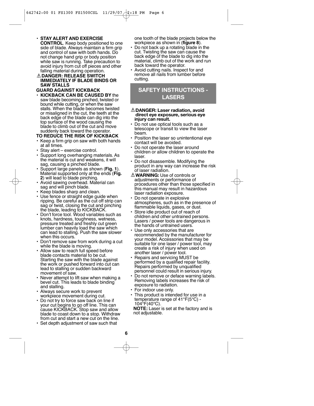 Black & Decker FS1300CSL Safety Instructions Lasers, Guard Against Kickback, To Reduce the Risk of Kickback 