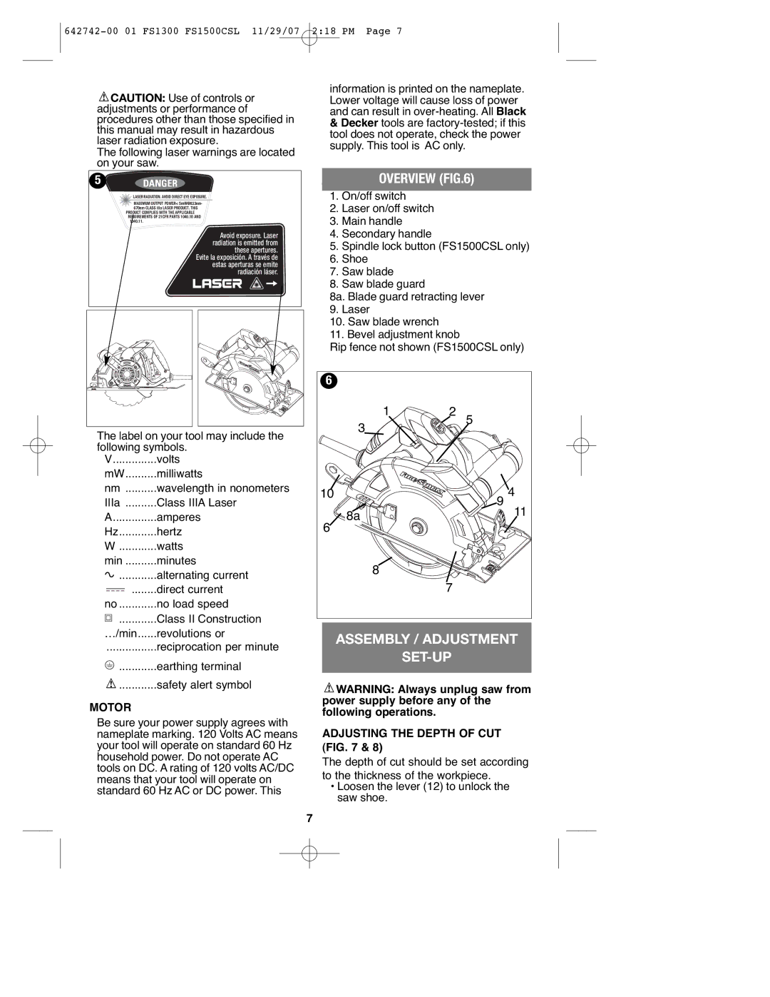 Black & Decker FS1300CSL Overview, Assembly / Adjustment SET-UP, Following laser warnings are located on your saw, Motor 