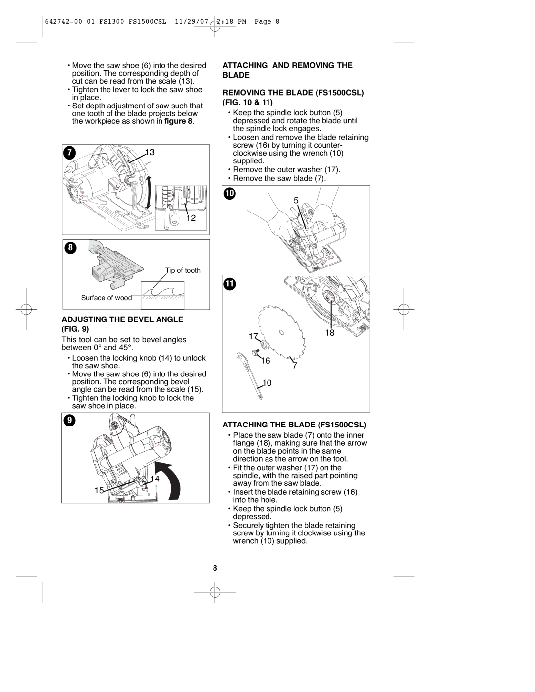 Black & Decker FS1300CSL instruction manual Tighten the lever to lock the saw shoe in place, Adjusting the Bevel Angle FIG 