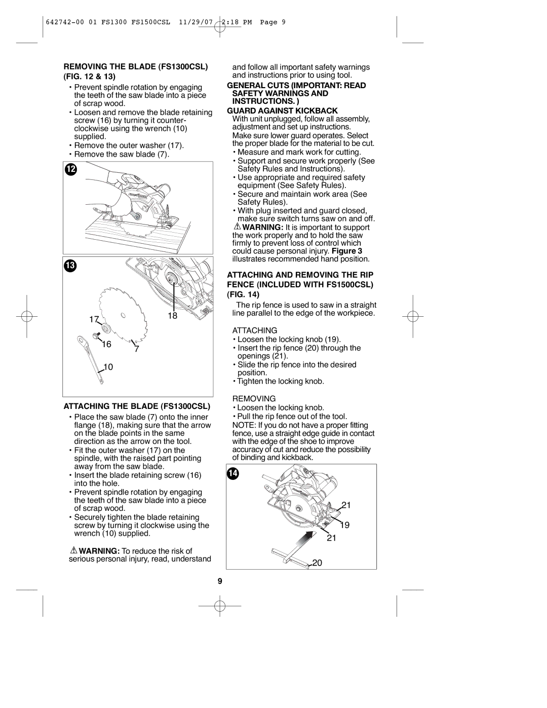 Black & Decker instruction manual Removing the Blade FS1300CSL, Attaching the Blade FS1300CSL 