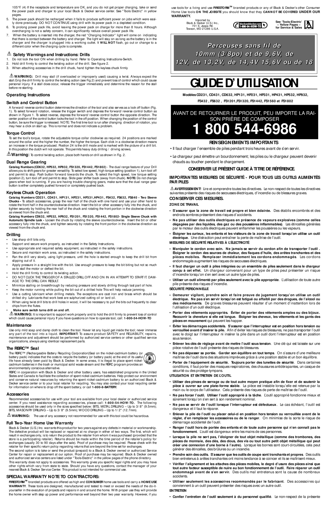 Black & Decker HP231, FS1320, HP532, HP932, HP331, HP431, FS1201 Special Warranty Note to Contractors, Conserver CES Mesures 