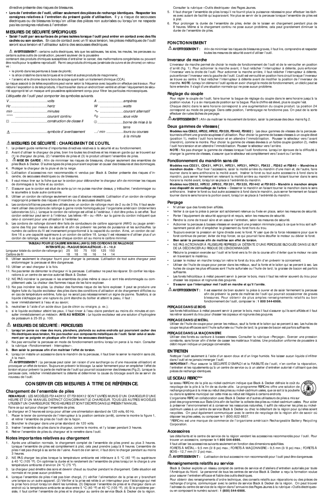 Black & Decker HP932 Mesures DE Sécurité Spécifiques, Mesures DE Sécurité Chargement DE L’OUTIL, Fonctionnement, Entretien 