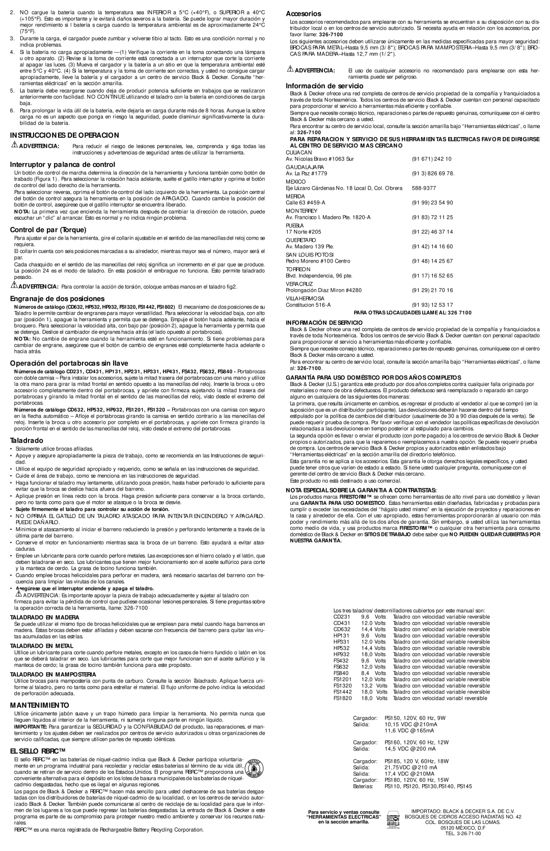 Black & Decker HP431, FS1320, HP532, HP231, HP932, HP331, FS1201, FS632 Instrucciones DE Operacion, Mantenimiento, EL Sello Rbrc 