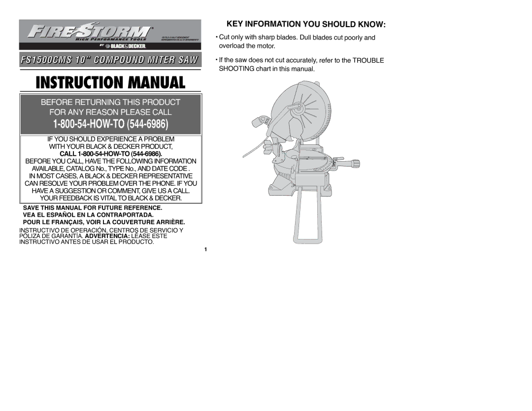 Black & Decker 629437-00 instruction manual FS1500CMS 10 Compound Miter SAW 