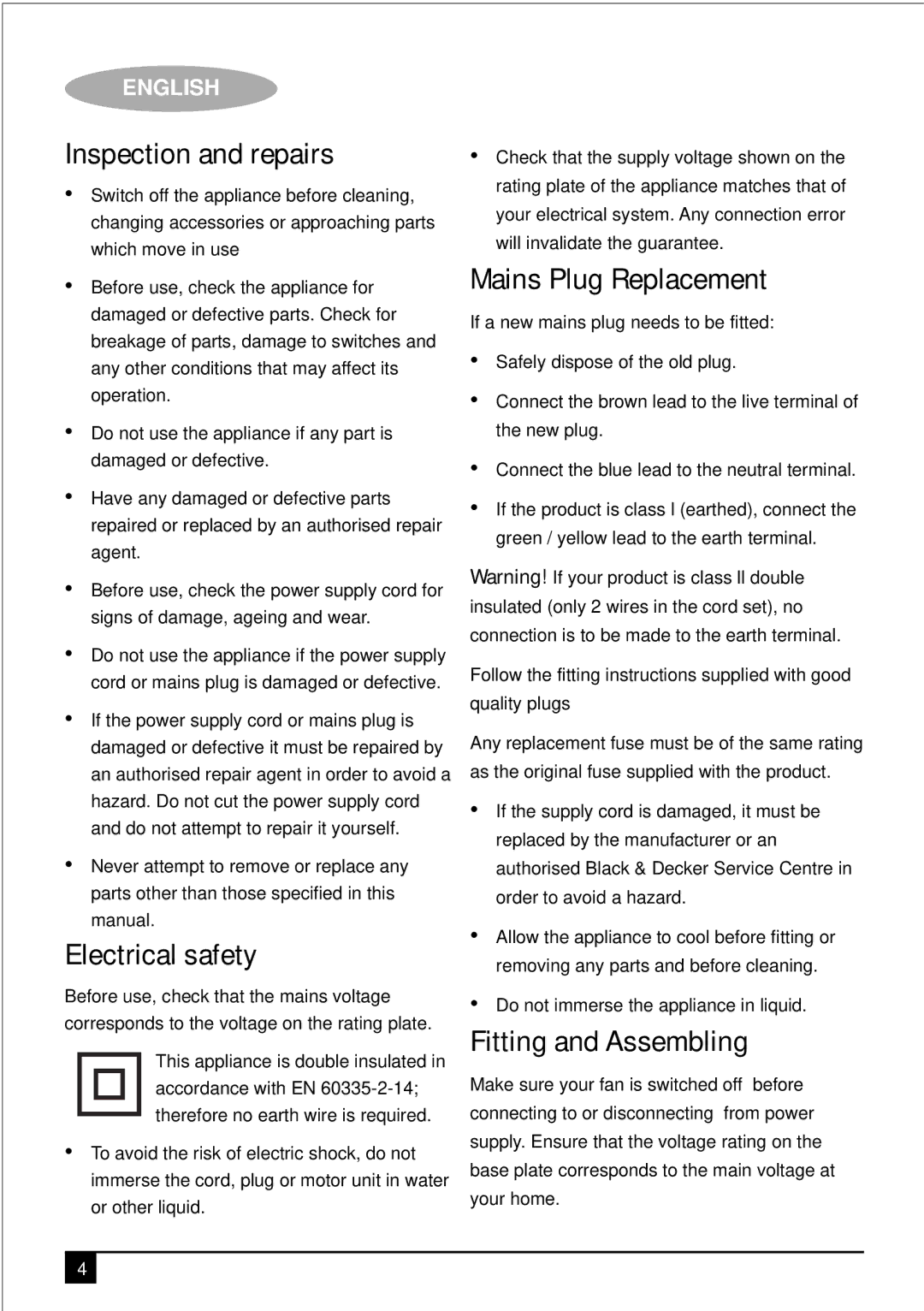 Black & Decker FS1600R manual Inspection and repairs, Electrical safety, Mains Plug Replacement, Fitting and Assembling 