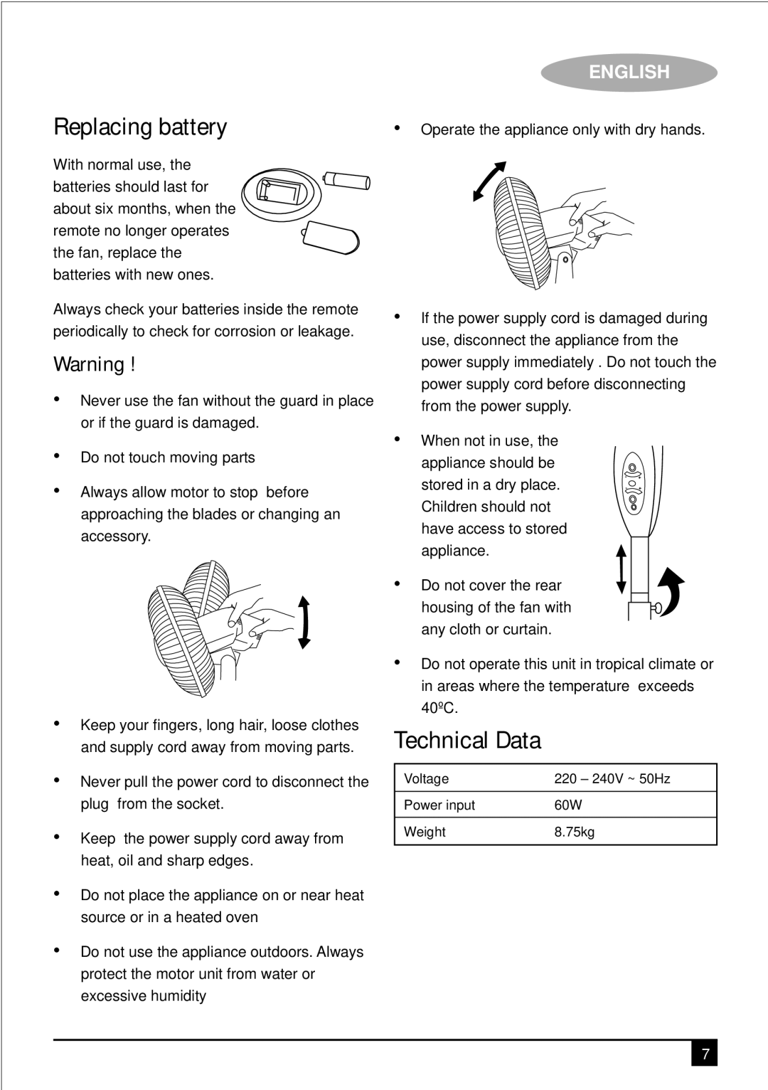 Black & Decker FS1600R manual Replacing battery, Technical Data 