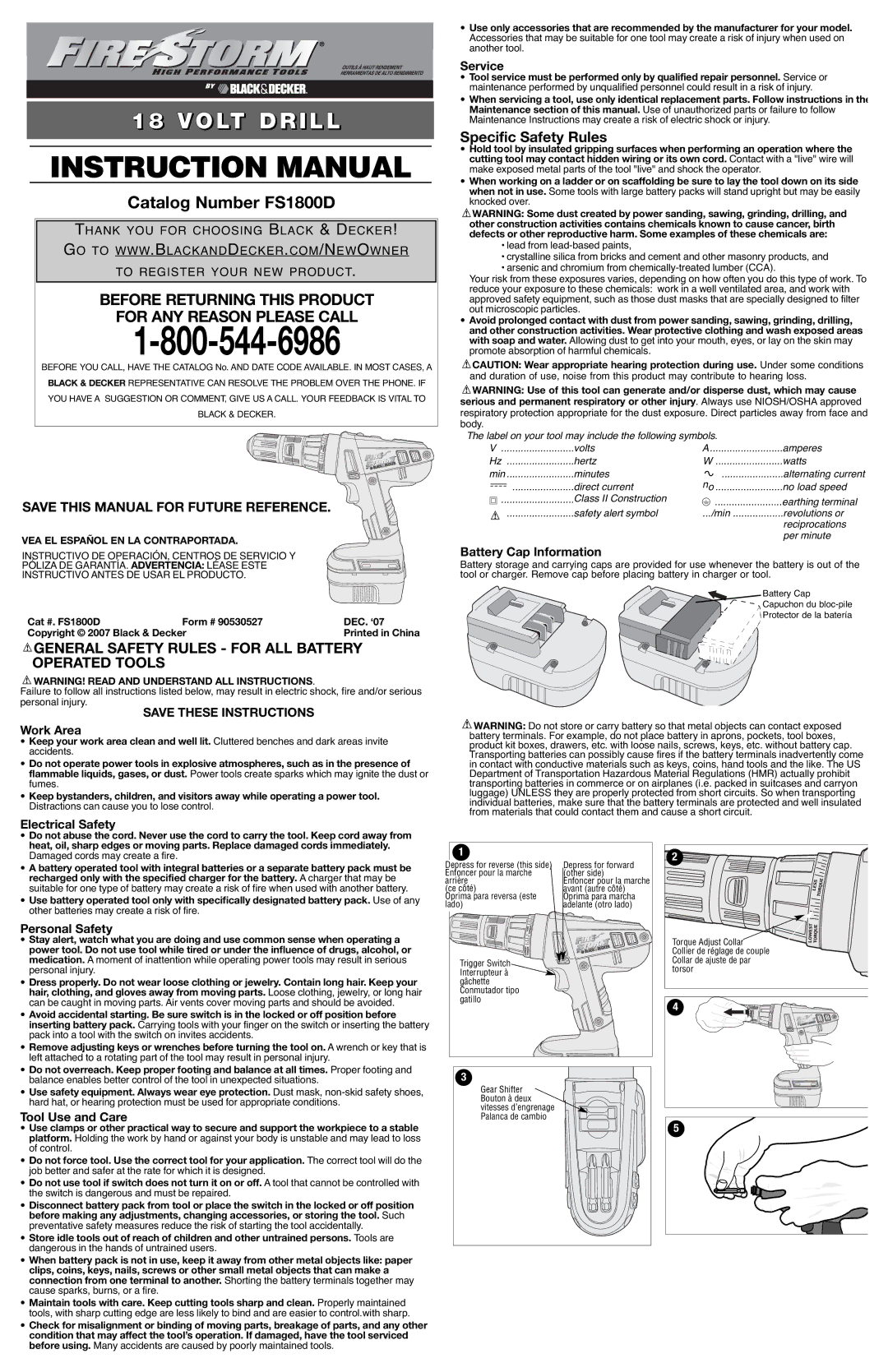 Black & Decker 90530527 instruction manual General Safety Rules for ALL Battery Operated Tools, Specific Safety Rules 