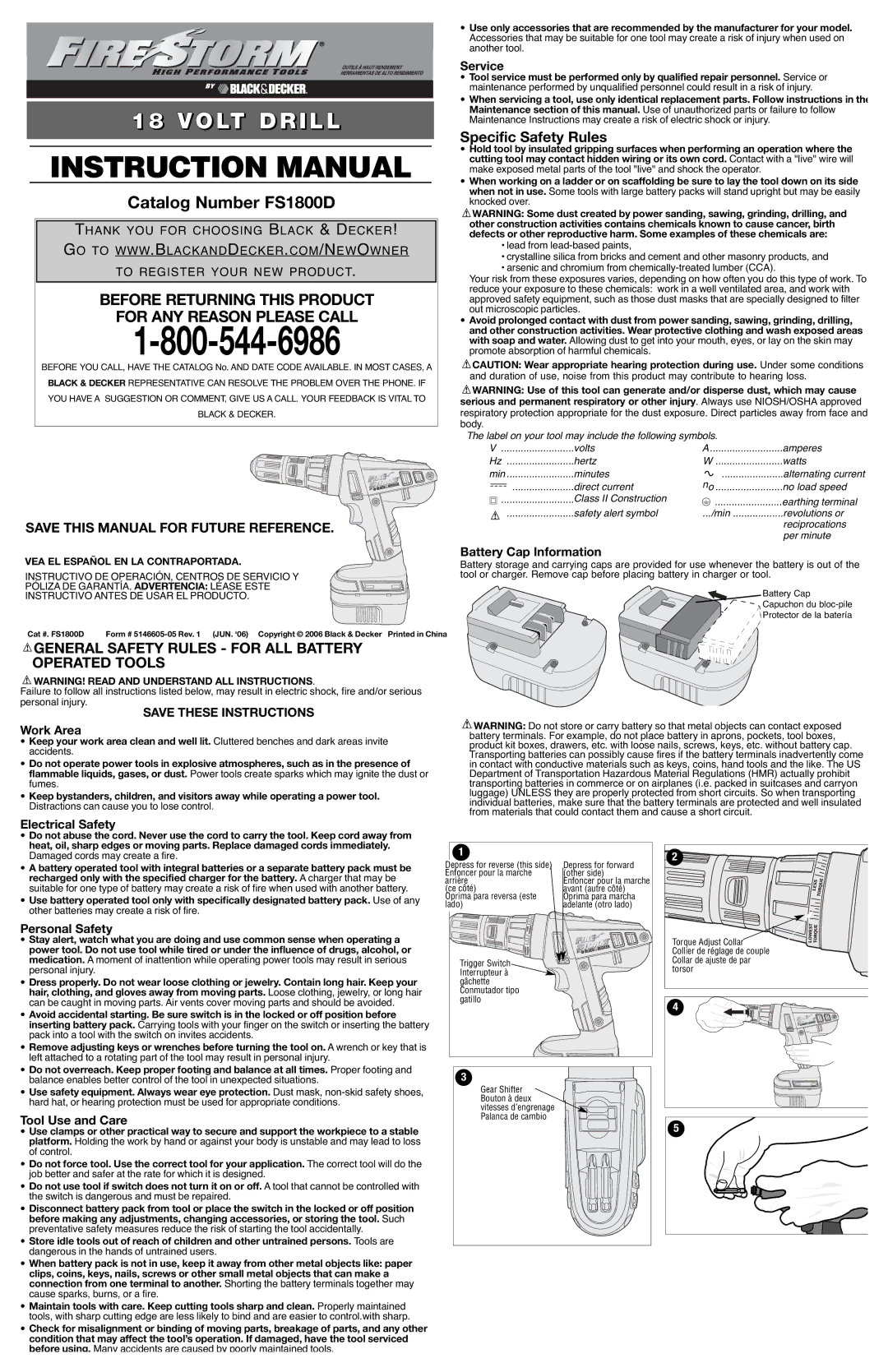 Black & Decker FS1800D instruction manual General Safety Rules for ALL Battery Operated Tools, Specific Safety Rules 