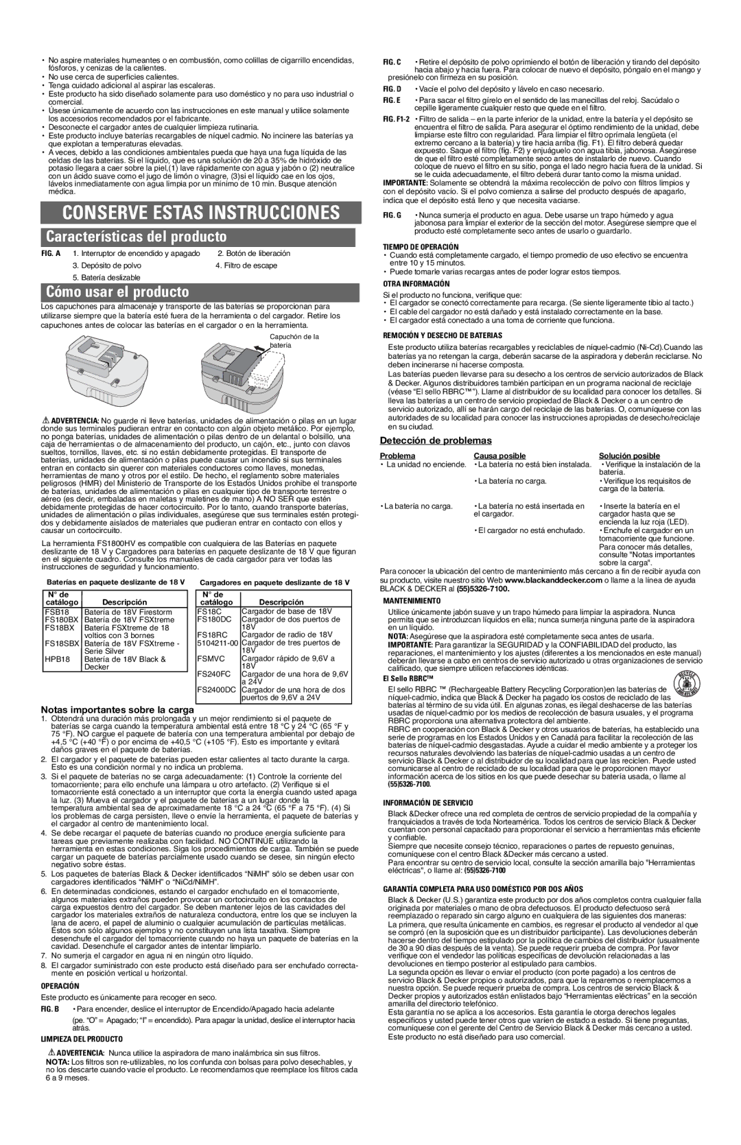 Black & Decker FS1800HV, 5148276-00 instruction manual Detección de problemas, Notas importantes sobre la carga 