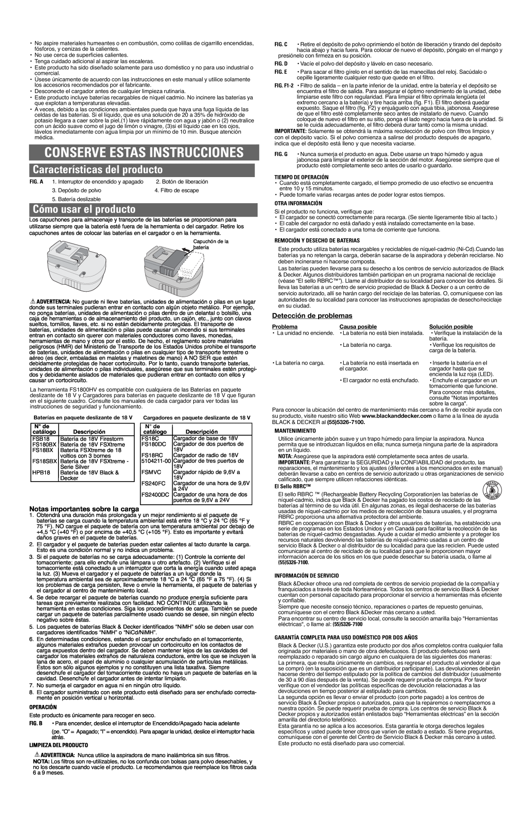 Black & Decker FS1800HV, 5148276-00 Características del producto, Cómo usar el producto, Detección de problemas 