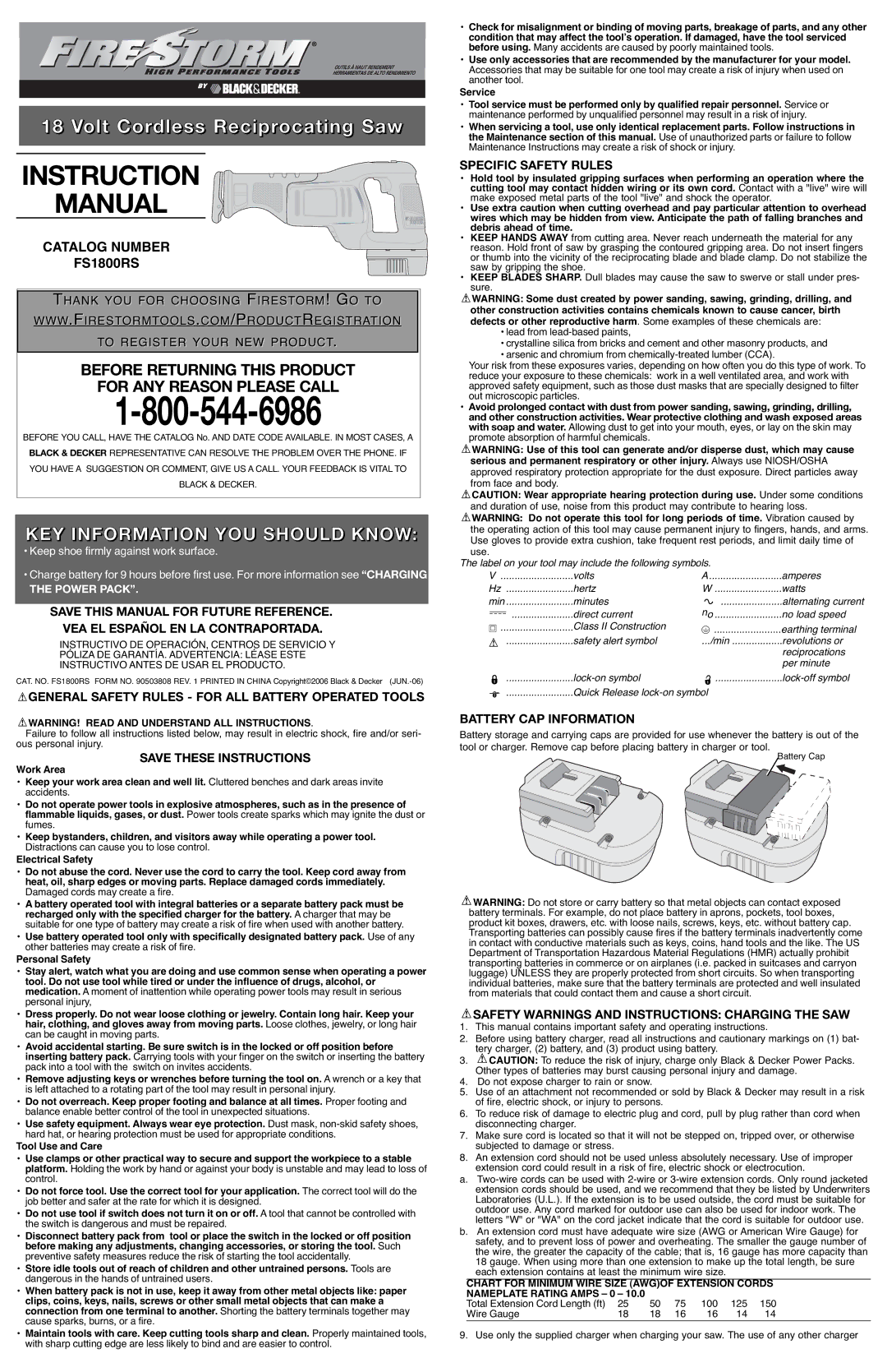 Black & Decker 90503808 instruction manual KEY Information YOU should Know, Specific Safety Rules, Battery CAP Information 