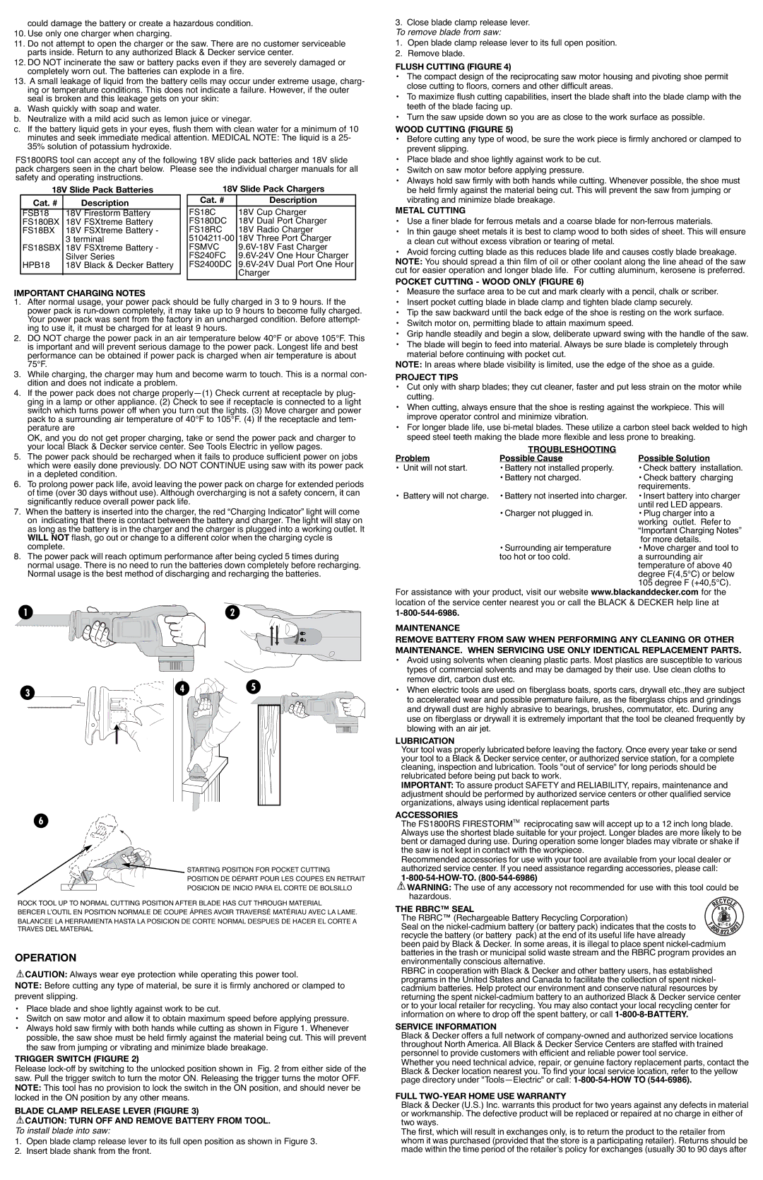 Black & Decker FS1800RS, 90503808 instruction manual Operation 